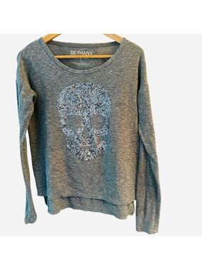 BETHANY MOTA Sequined Skull shirt Grey/Silver Fairy Goth, Skull Halloween, sz sm